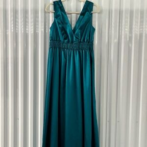 Teal Satin Shiny Princess Dress A-line Maxi